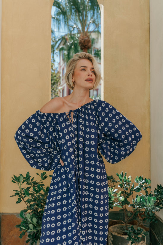 Zahra Midi Dress Indigo — off-shoulder styling, hand block print linen midi | Daughters of India