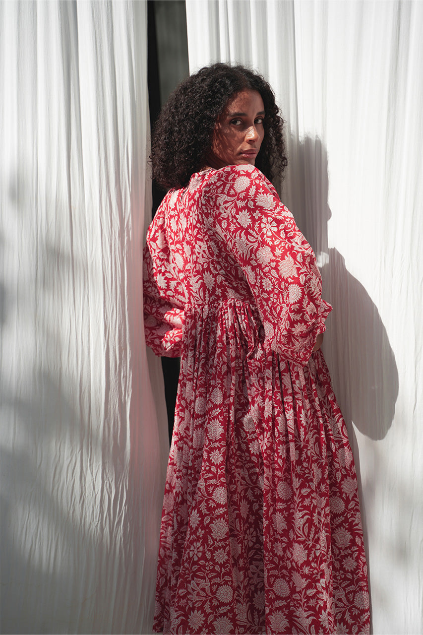 Daughters of India Kyra Midi Dress in Saffron — close-up V-neckline detail, hand screen print