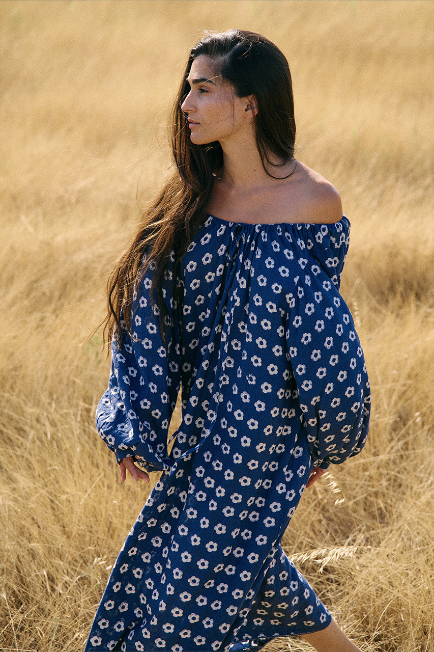 Zahra Midi Dress Indigo — off-shoulder styling in golden field, hand block print | Daughters of India